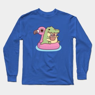 Cute Chubby Crocodile Chilling On Flamingo Pool Float Long Sleeve T-Shirt